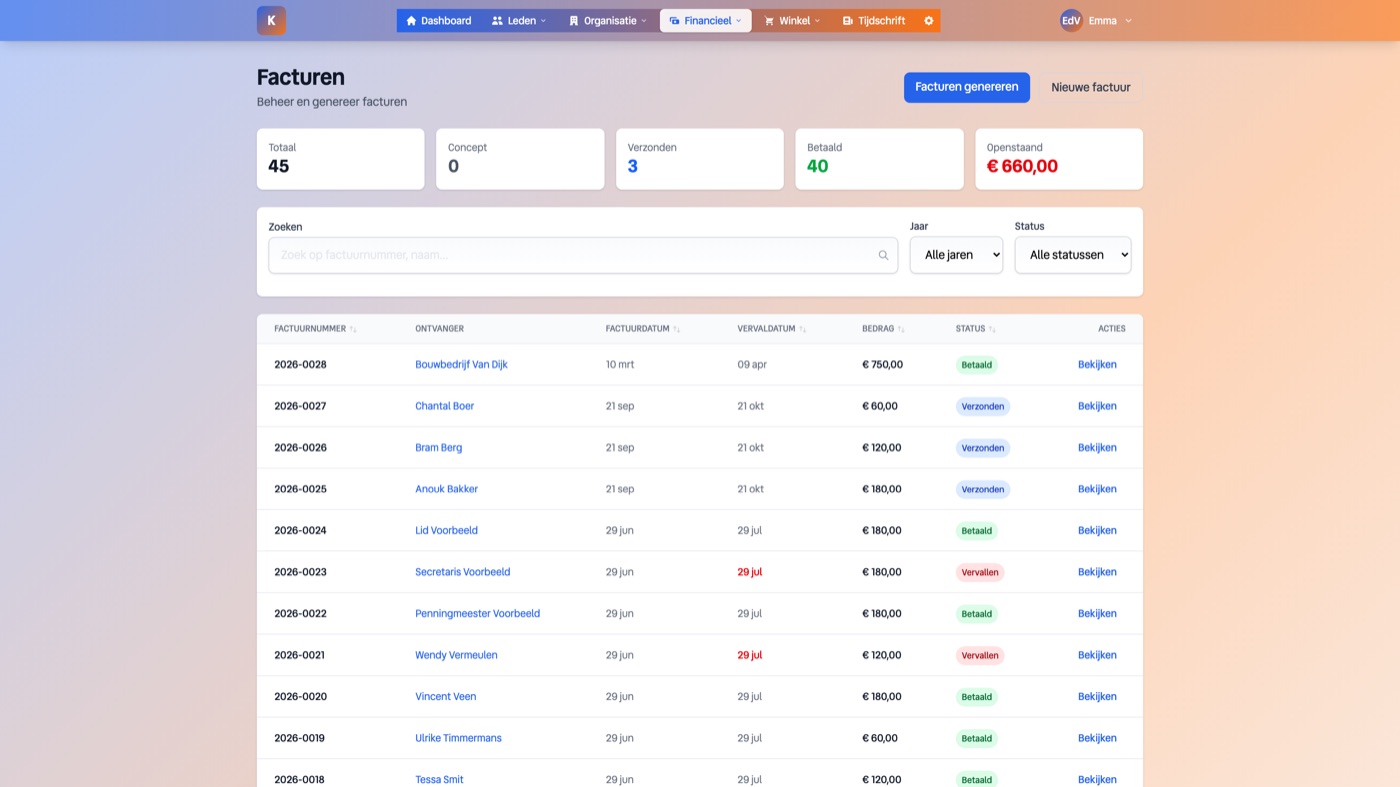 Invoice overview with statuses sent and paid
