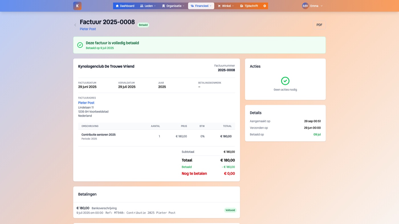 Detail of a membership fee invoice with amount and payment status