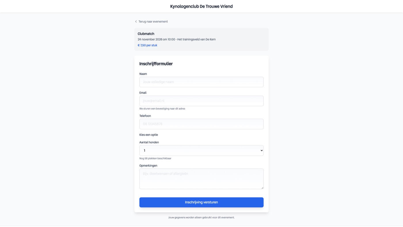 Registration form with name, email and a quantity selector